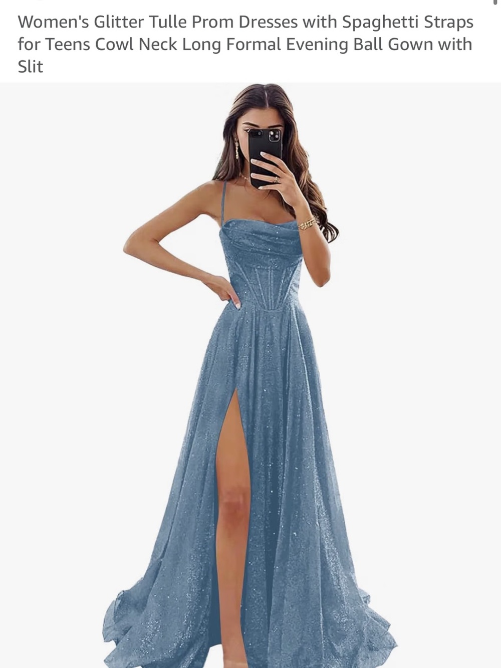 Amazon Blue Glitter Tulle Cowl Neck Prom Dress with Spaghetti Straps
